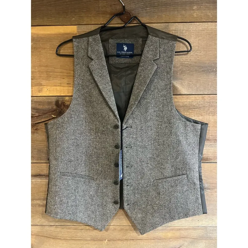 NWT U.S. Polo Assn. Men's M Brown Wool Suit Vest V-Neck‎ Button Up